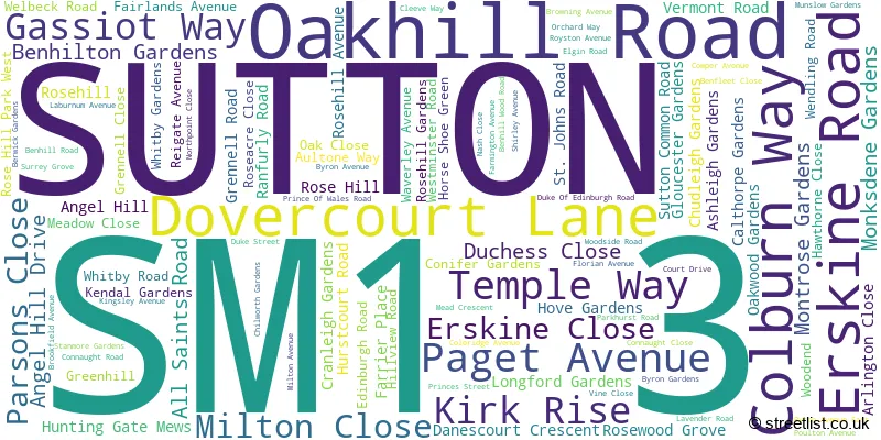 A word cloud for the SM1 3 postcode